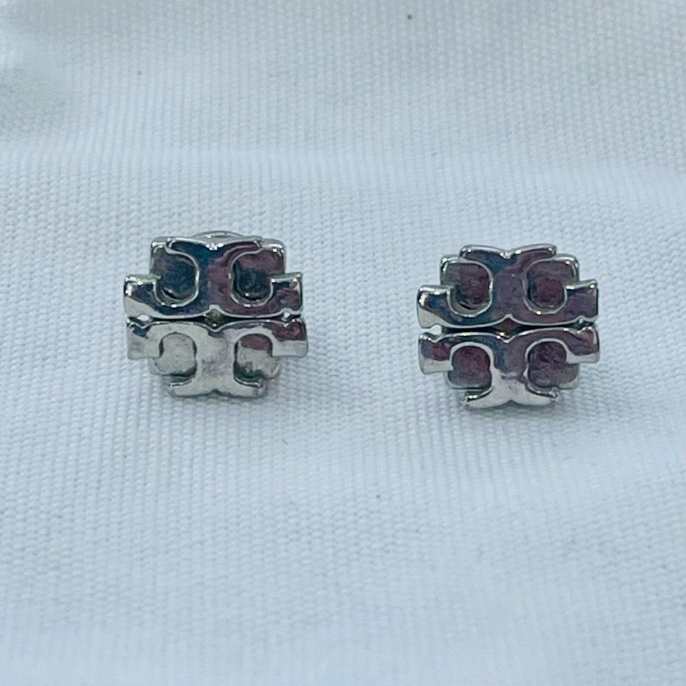 Tory Burch Silver Logo Stud Earrings